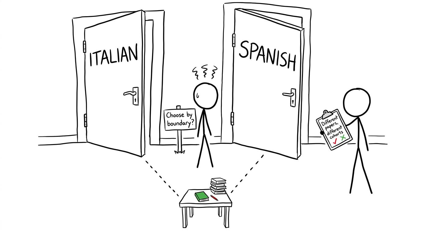 A student discovers that Italian and Spanish grade-boundary doors both lead to the same revision desk