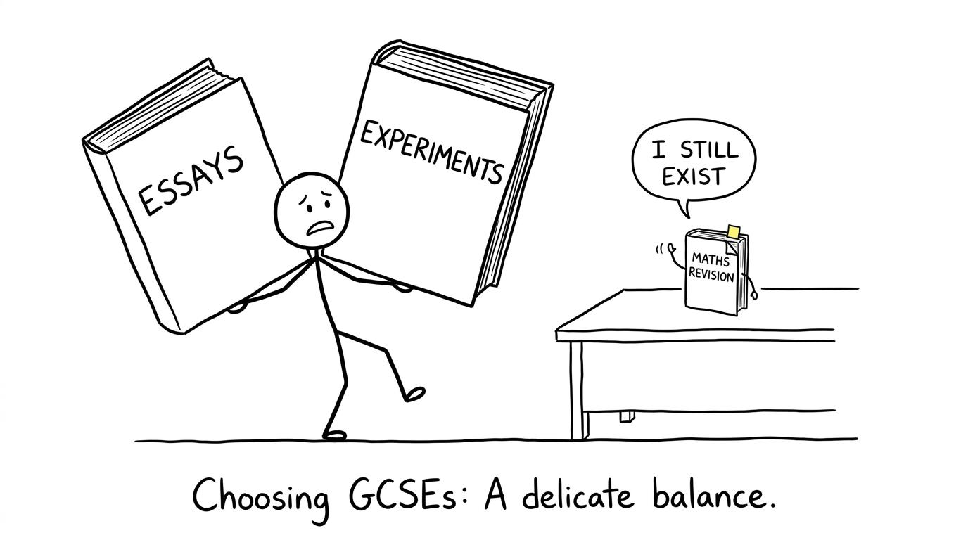 A student balancing essays, experiments and maths revision