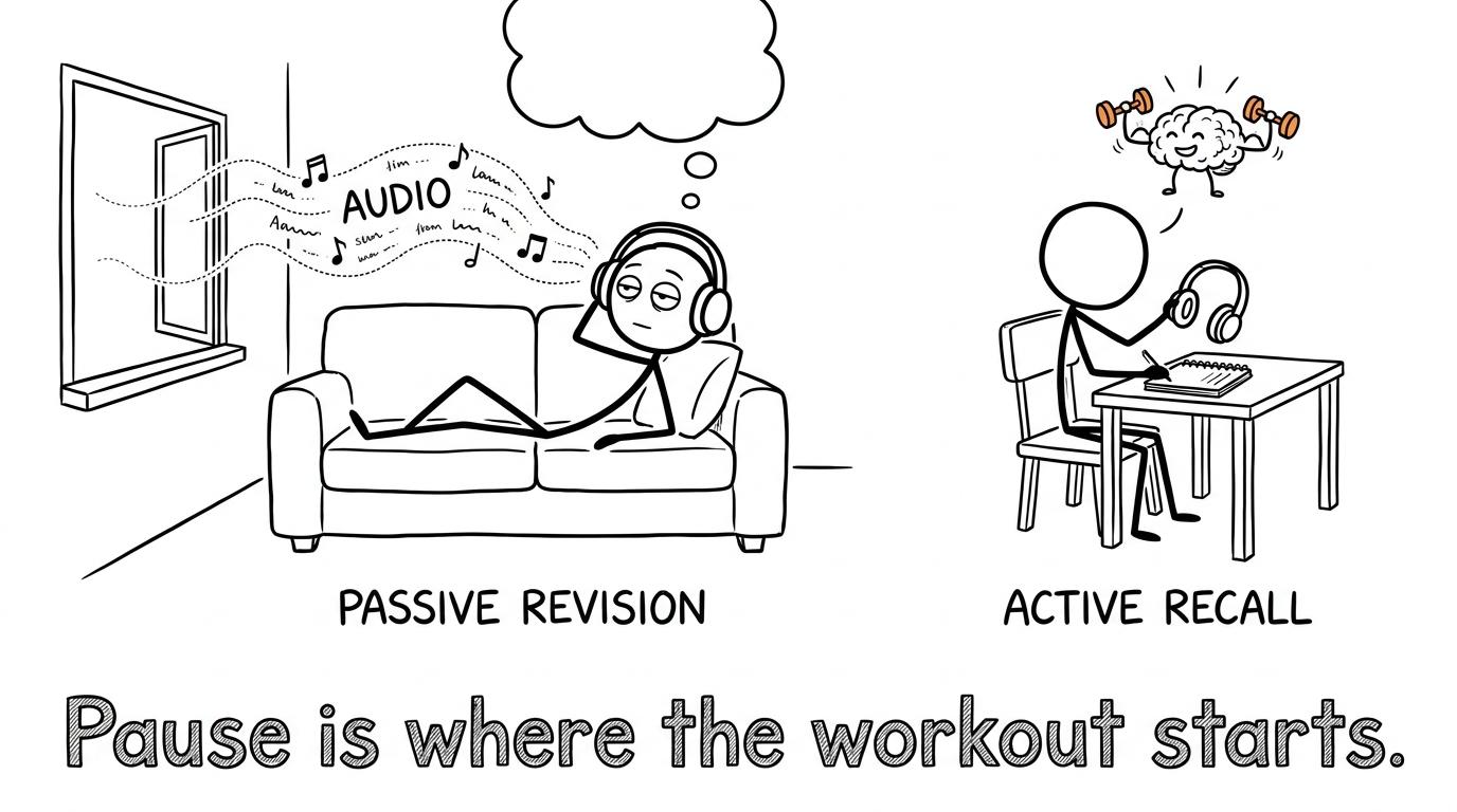 A student pauses their headphones while a tiny brain begins its revision workout
