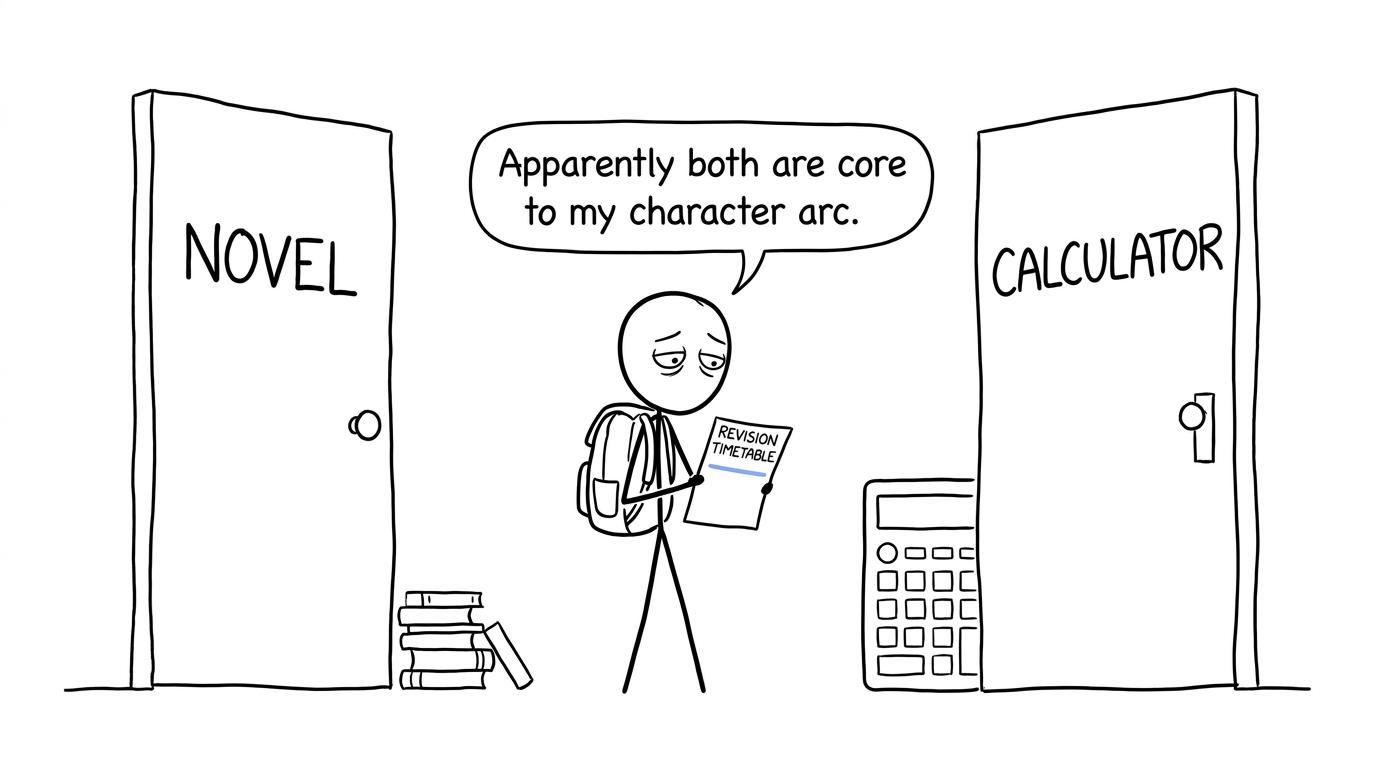 A GCSE student balancing literature and maths revision