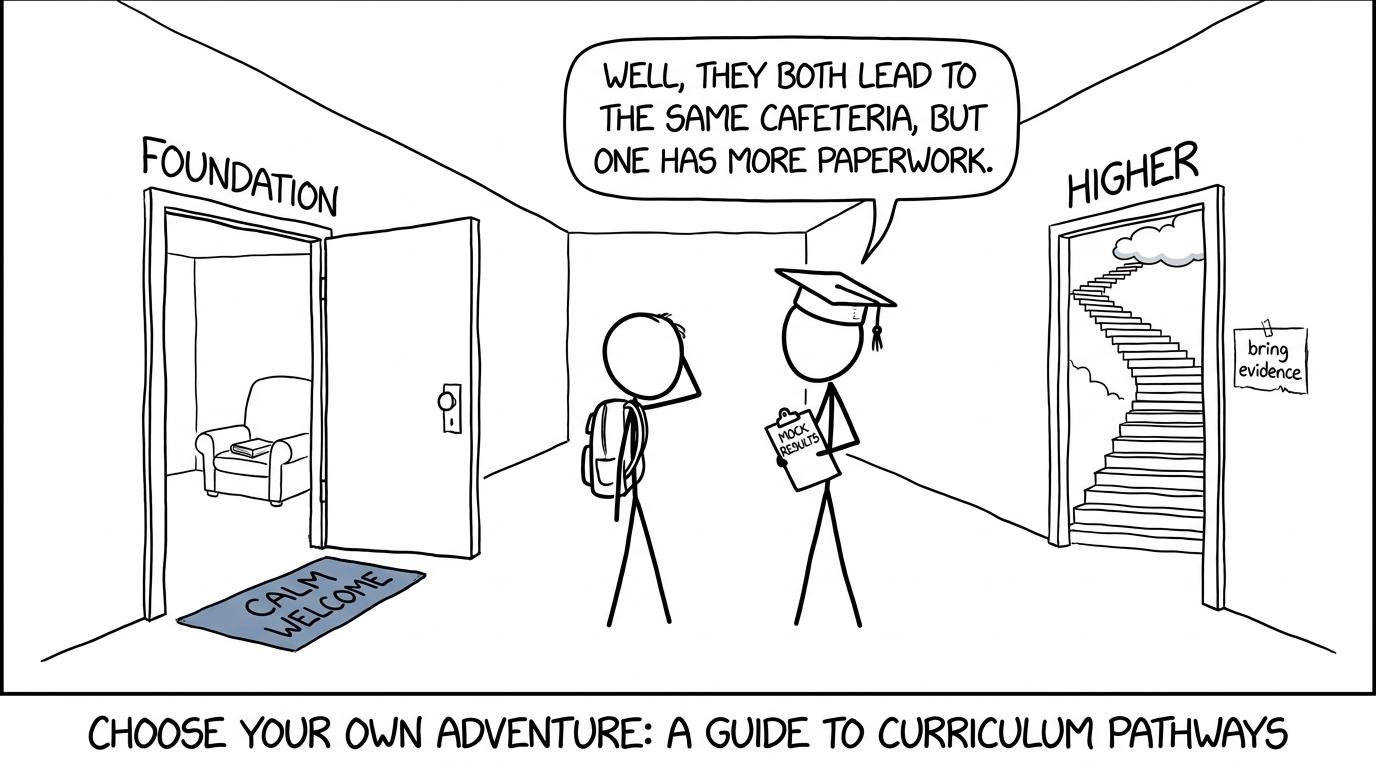 A student choosing between Foundation and Higher doors while a teacher asks for evidence