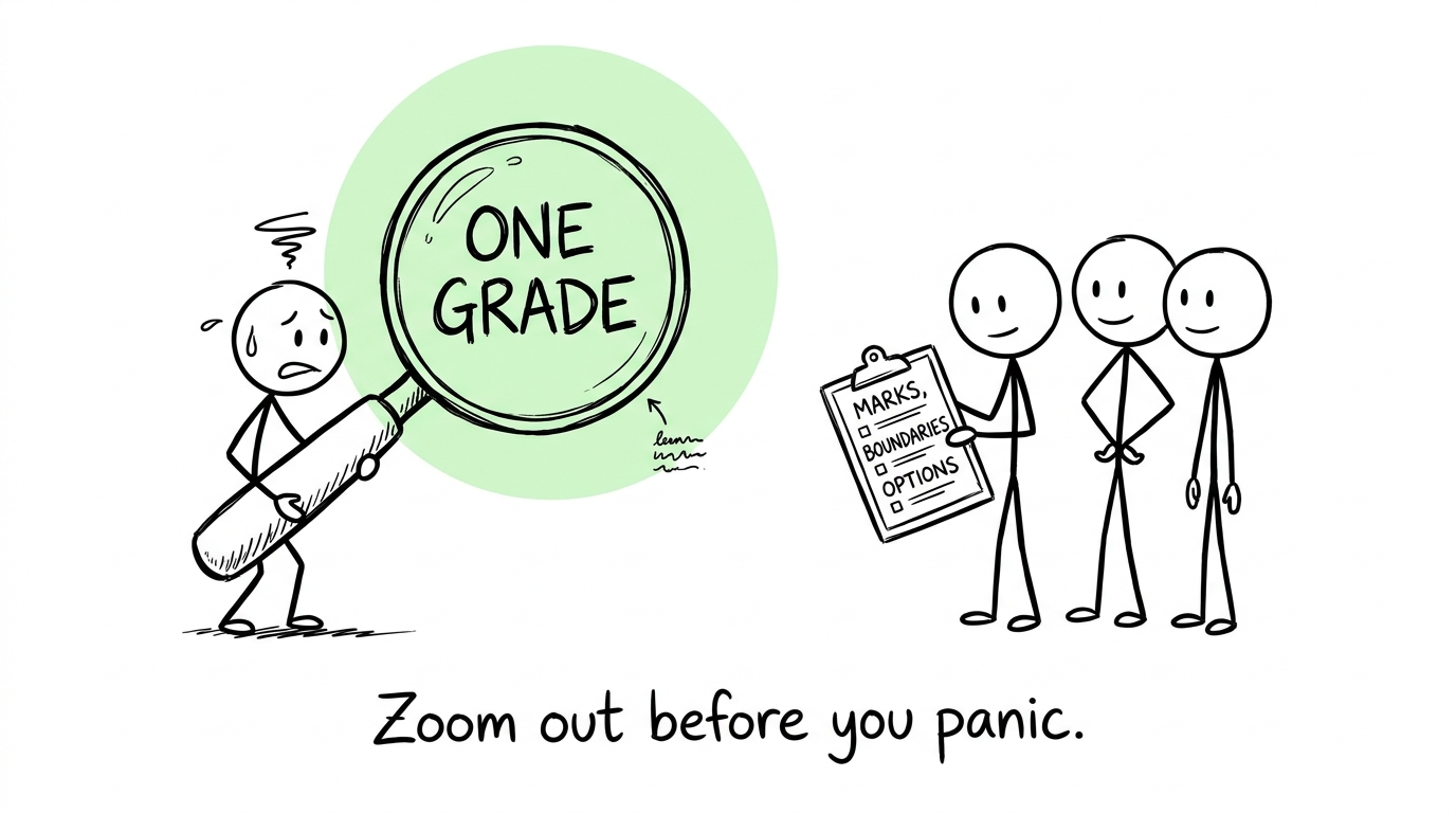 A student zooms in on one grade while everyone else checks the wider evidence
