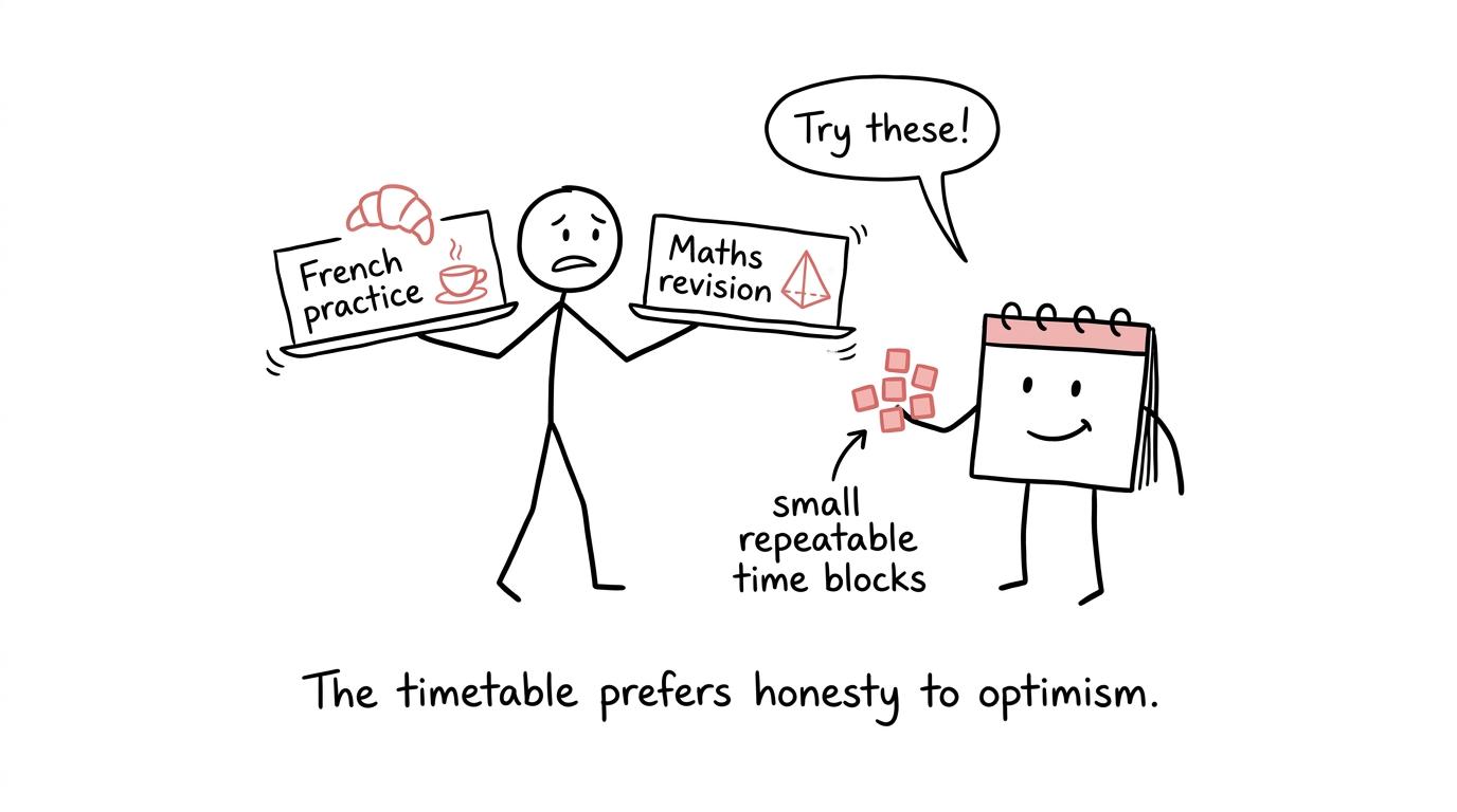 A calendar helps balance French practice and maths revision