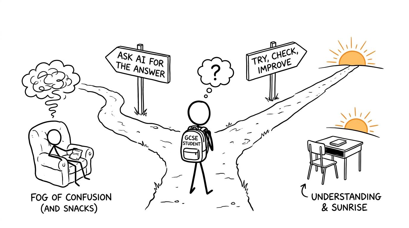 A student chooses between instant AI answers and active revision