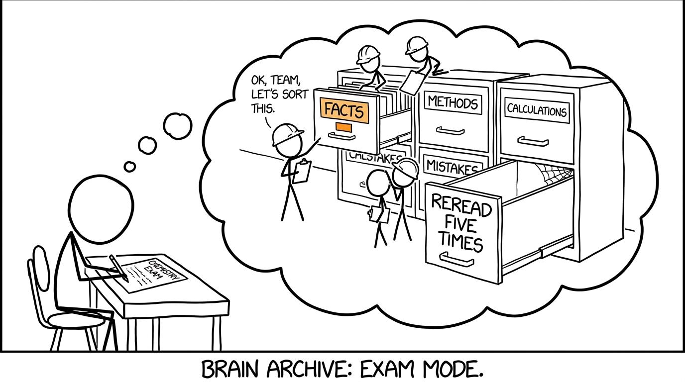 A calm team inside a student's brain sorts facts, methods, calculations and mistakes