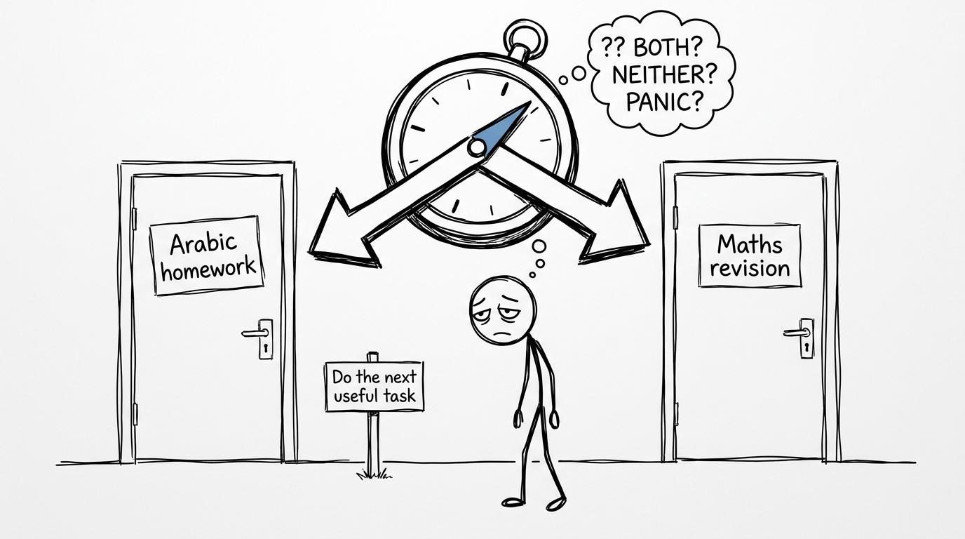 A student choosing between Arabic homework and maths revision while an unhelpful compass points both ways