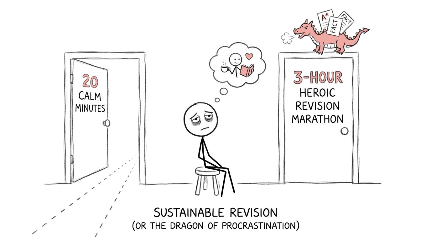 A student choosing between calm revision and an intimidating flashcard marathon