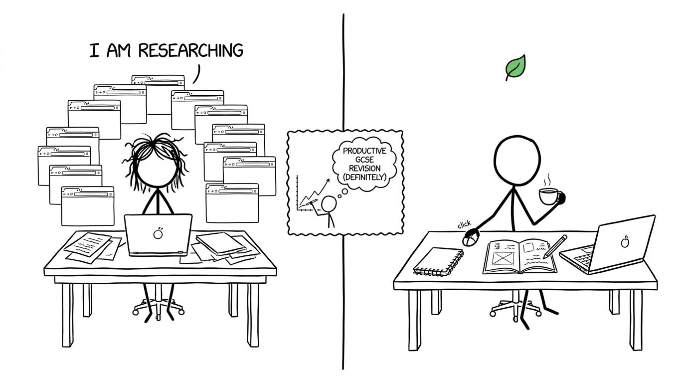 One student collects browser tabs while another turns one useful source into practical work