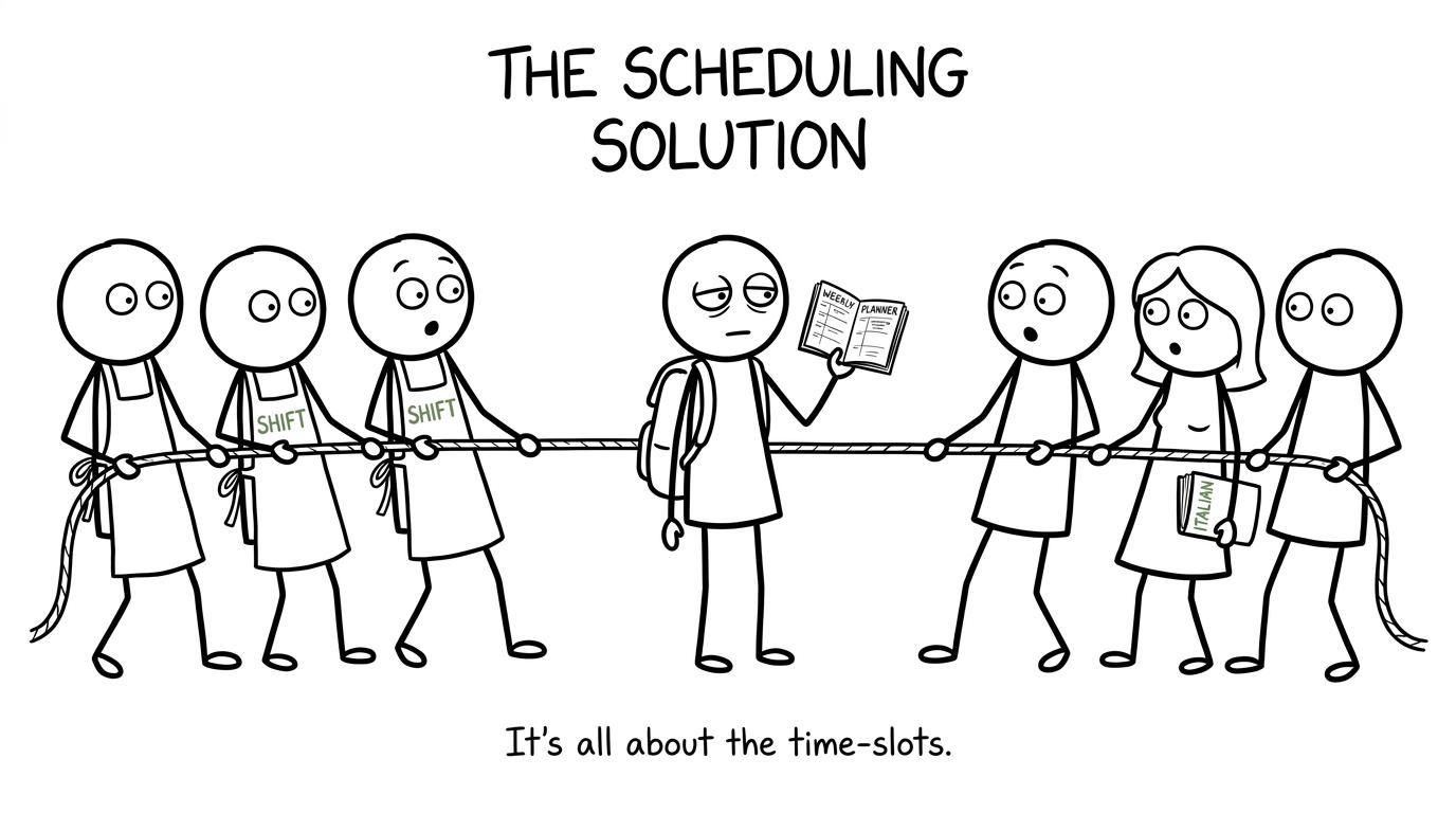 A student calmly ends a tug of war between work and Italian using a weekly planner