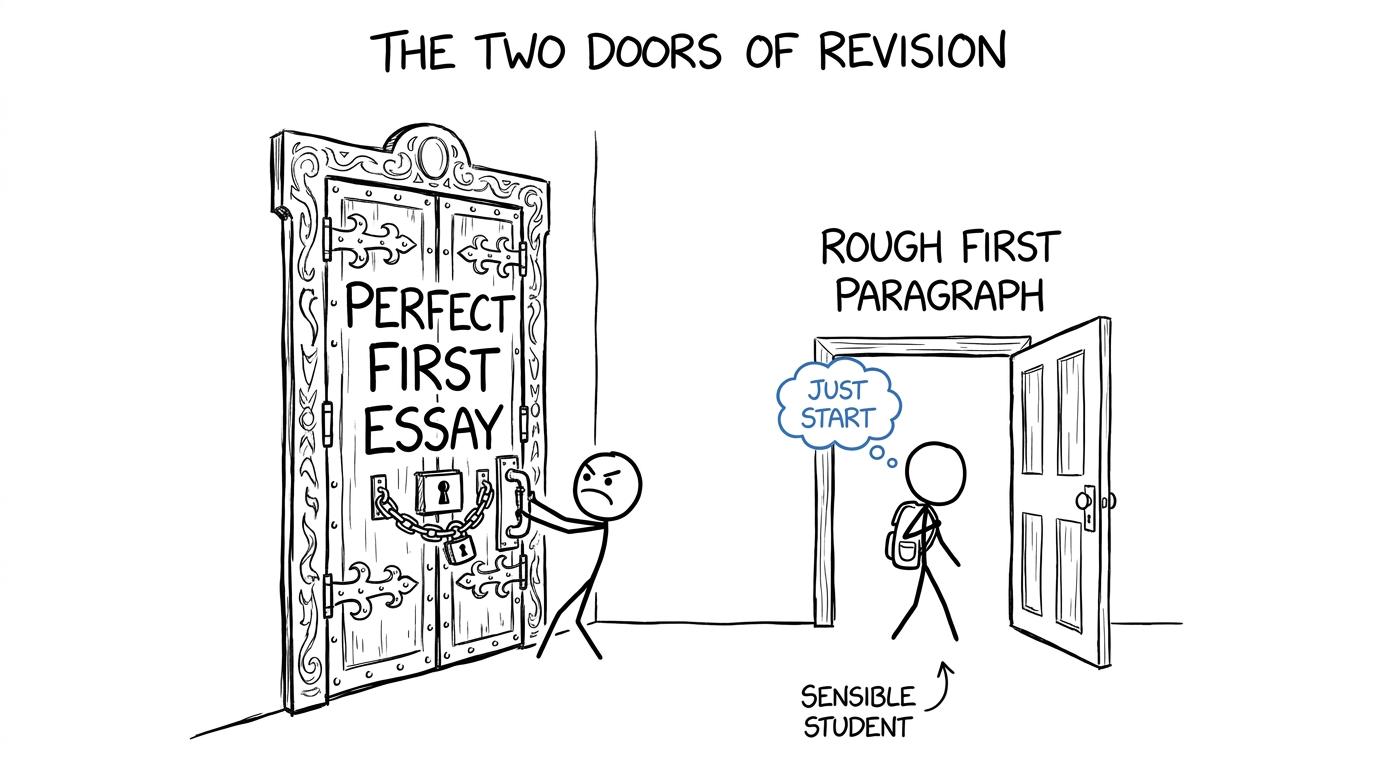 A student chooses a small open door marked rough first paragraph instead of an impossible ornate perfect essay door