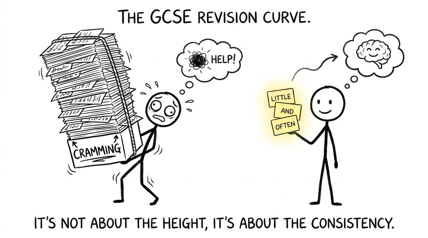 A student chooses little-and-often revision while another struggles beneath a tower labelled cramming