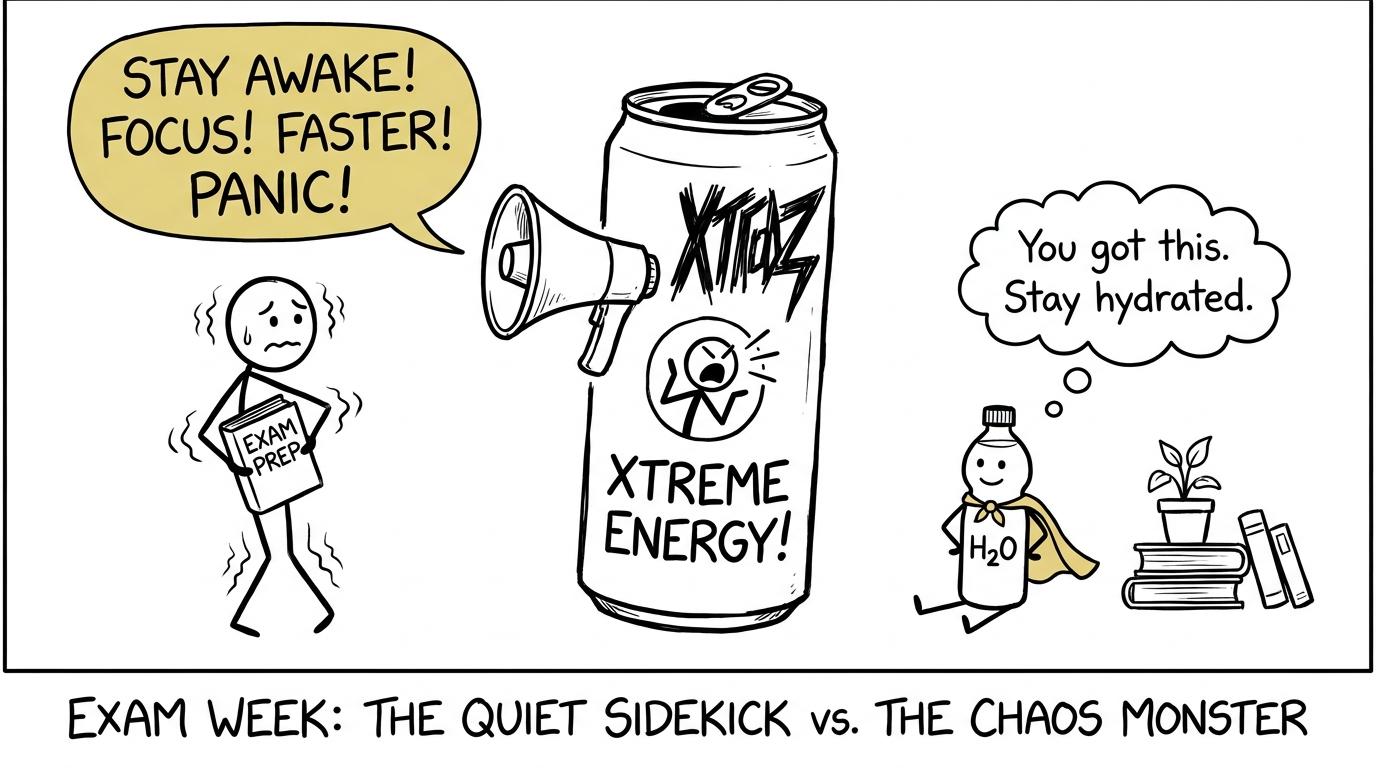 A quiet water bottle faces an overexcited energy drink