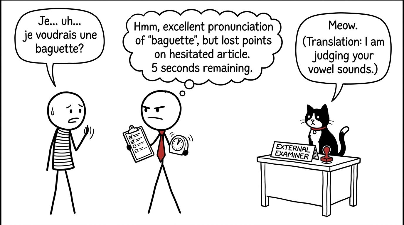A sibling runs a very serious kitchen-table French speaking test