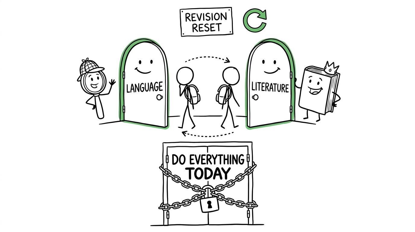 A student sensibly alternates between Language and Literature while avoiding a giant door labelled do everything today