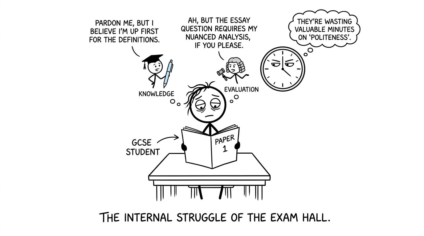 A student discovers that knowledge and evaluation both want control of the exam pen