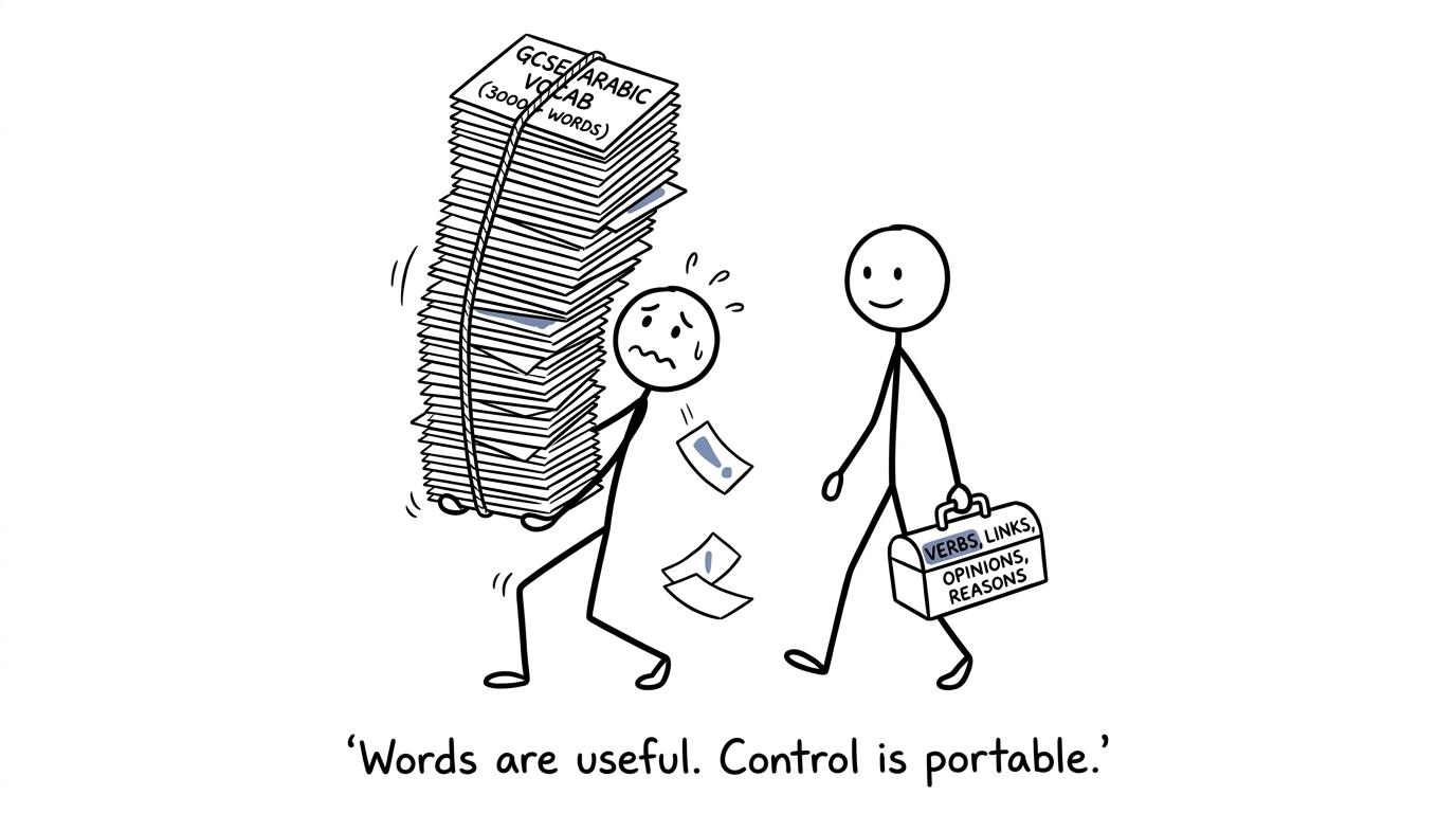 A huge vocabulary pile beside a small grammar toolbox
