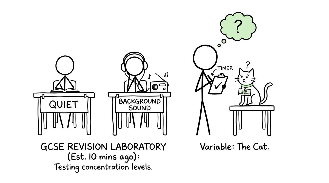 A student running a tiny quiet-versus-noise revision experiment