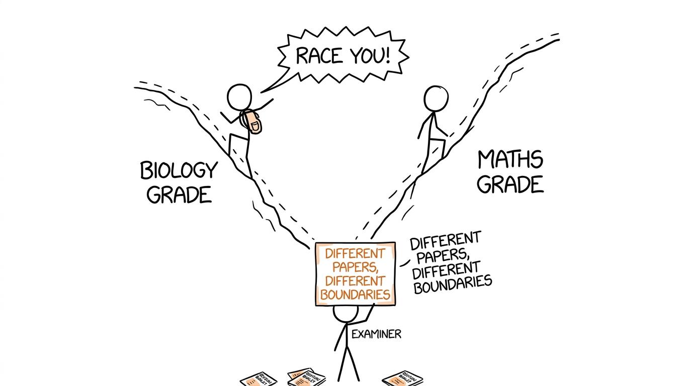 Two students race up different subject hills while an examiner reminds them that the grade boundaries differ