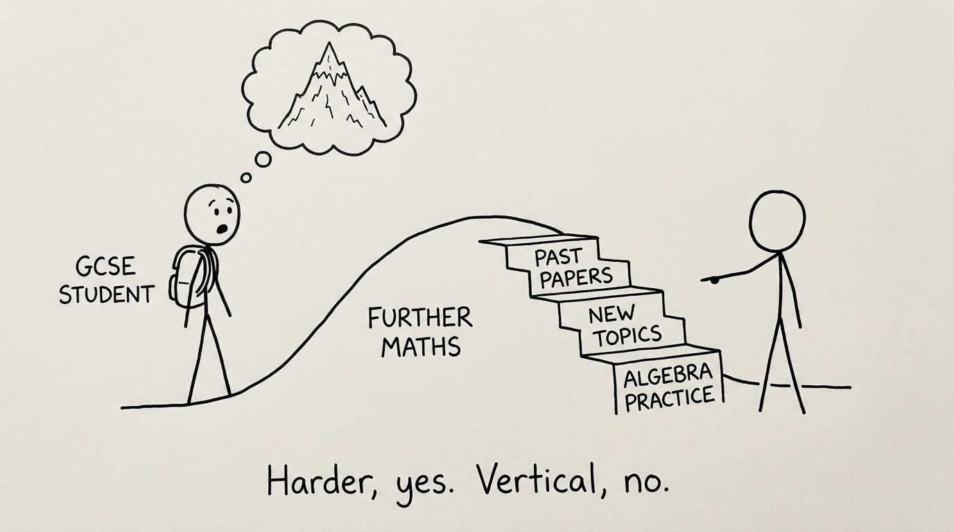 A student discovers that Further Maths is a climb rather than a vertical wall