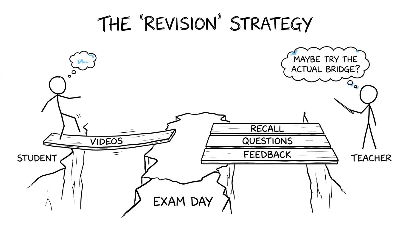 A student attempts to reach exam day using videos as the only bridge