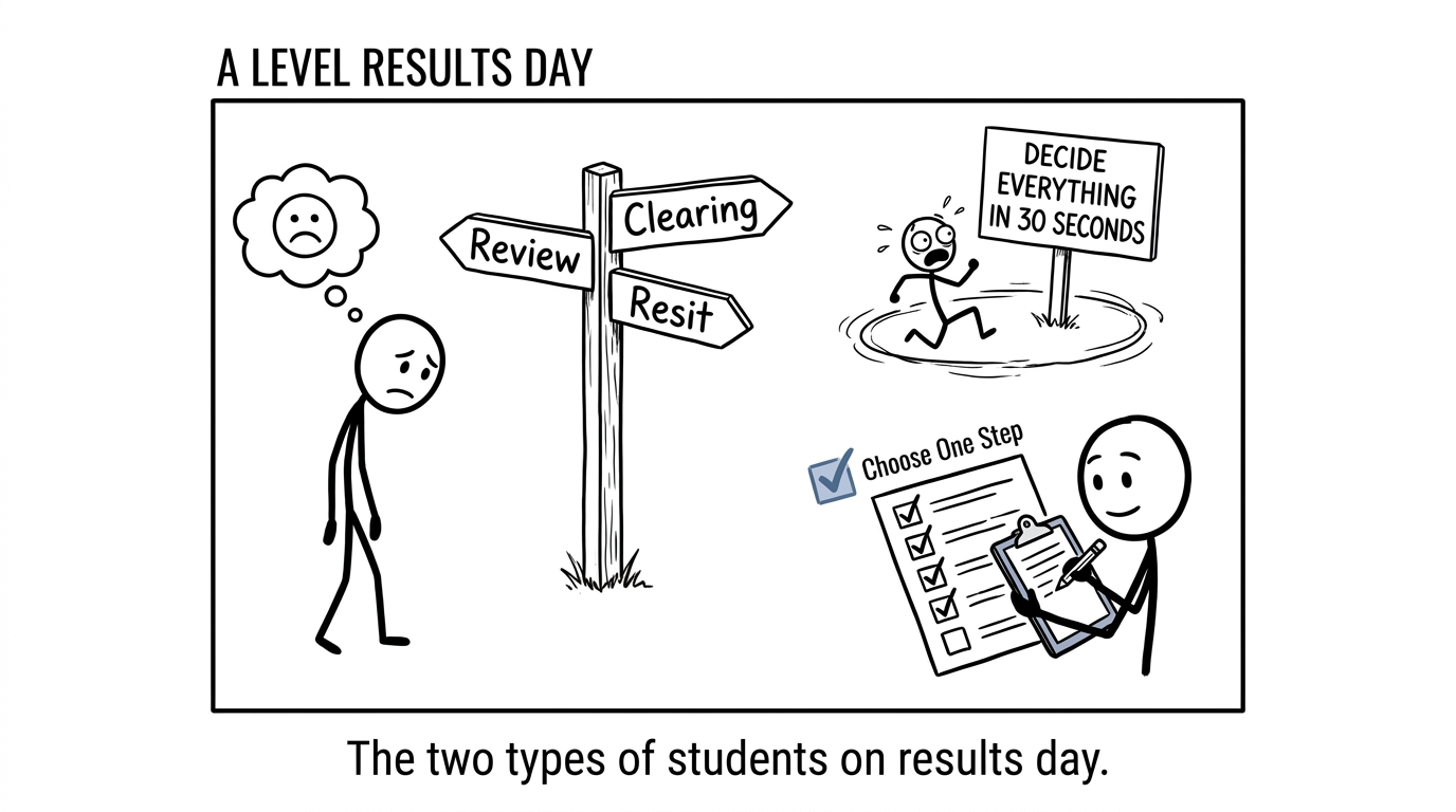 A student calmly choosing between review, Clearing and resitting while panic runs in circles
