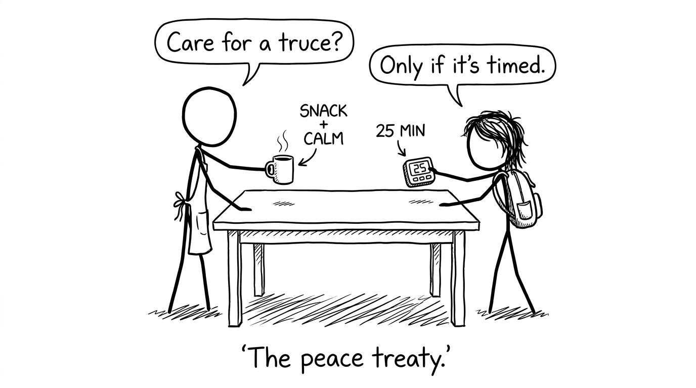 Parent offers tea labelled “snack + calm”, student offers a timer labelled “25 min”