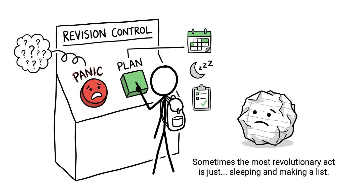 A student choosing a calm revision plan instead of the panic button