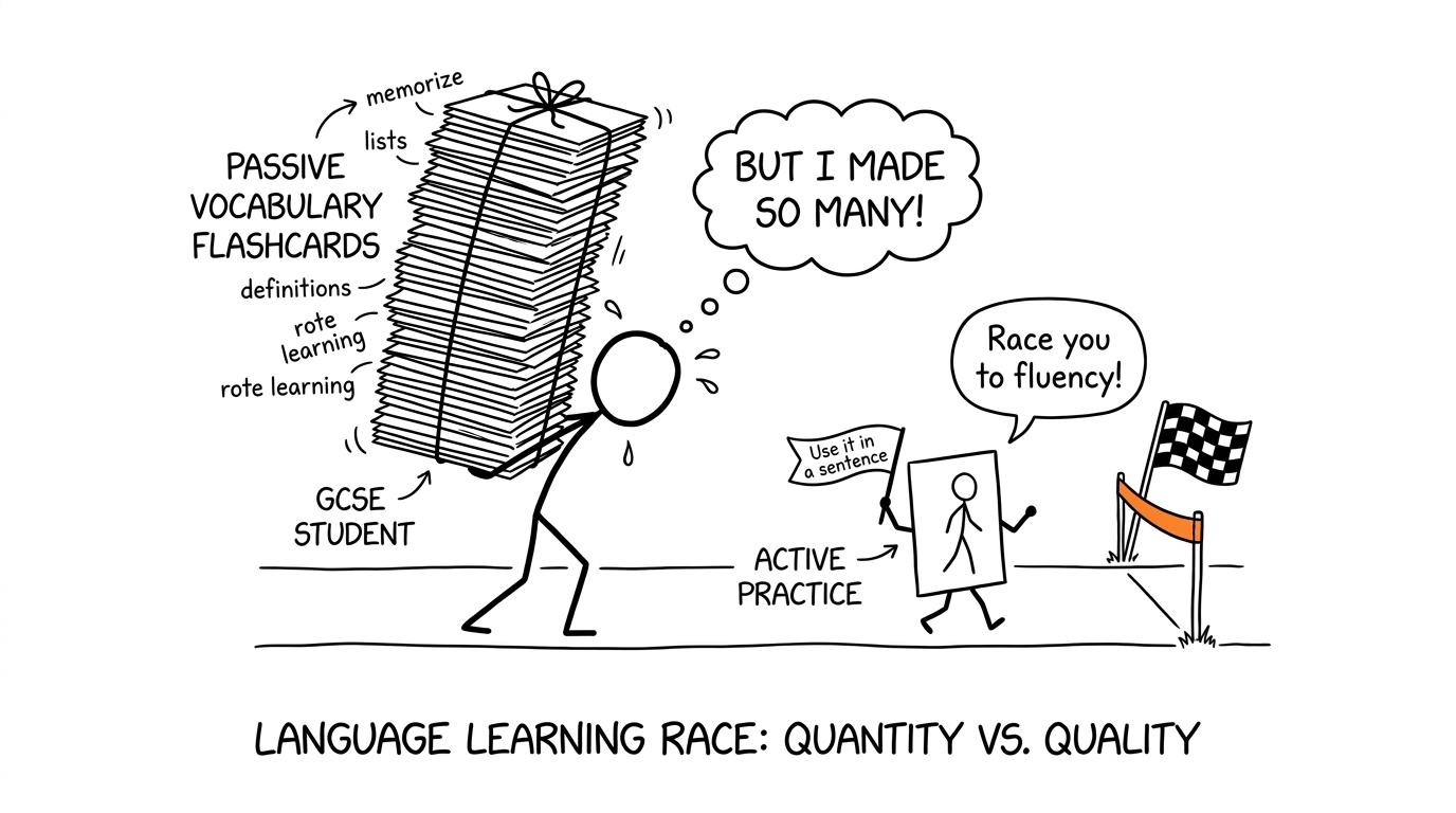 A tiny active sentence card overtakes an enormous pile of passive vocabulary cards