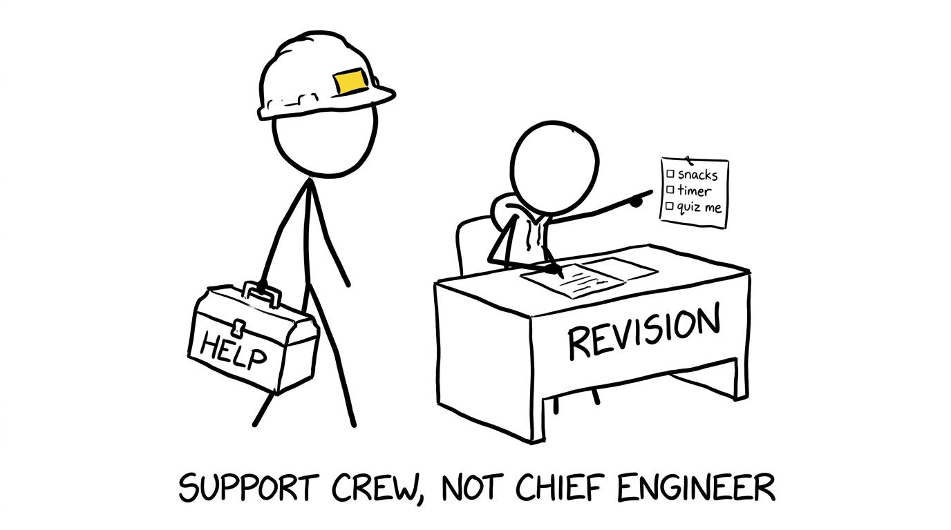 A parent arrives with an oversized revision toolbox while a student requests simple support