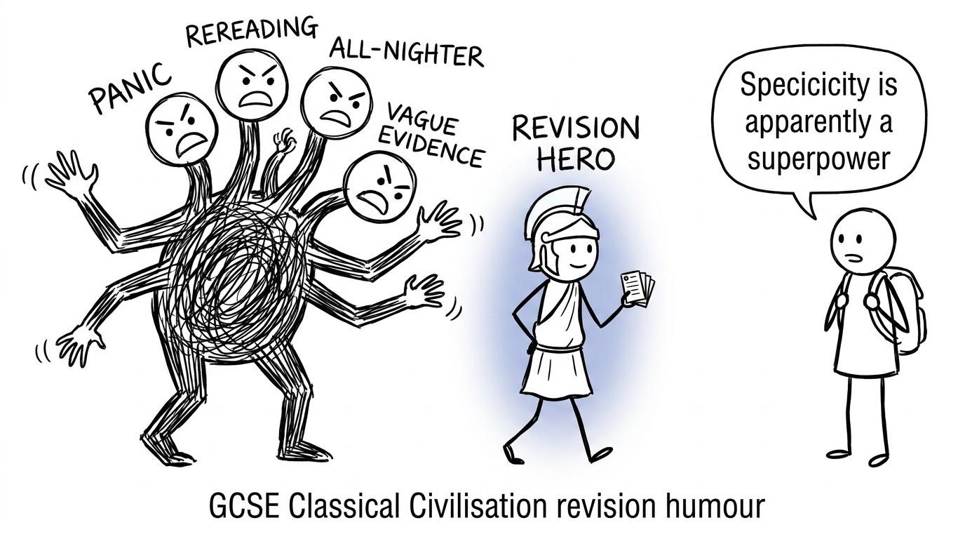 A revision hero walks past a monster labelled with unhelpful revision habits
