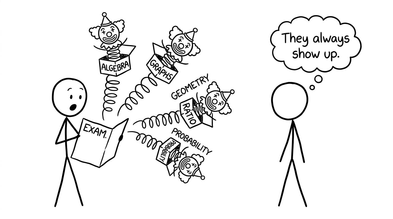 Topics popping out of an exam paper like jack-in-the-boxes