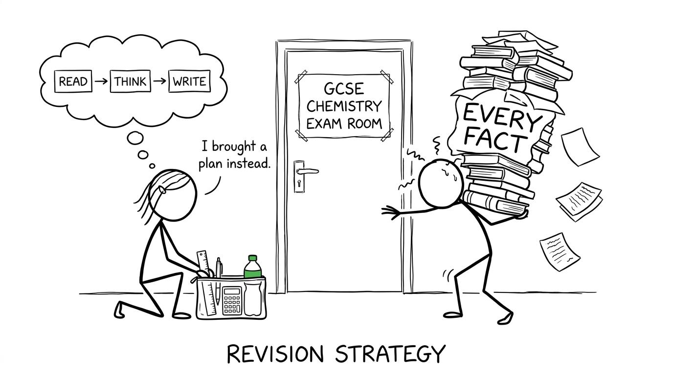 One student bringing a plan while another tries to carry every chemistry fact