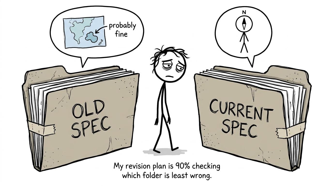 A student choosing between an old specification folder and a current specification compass