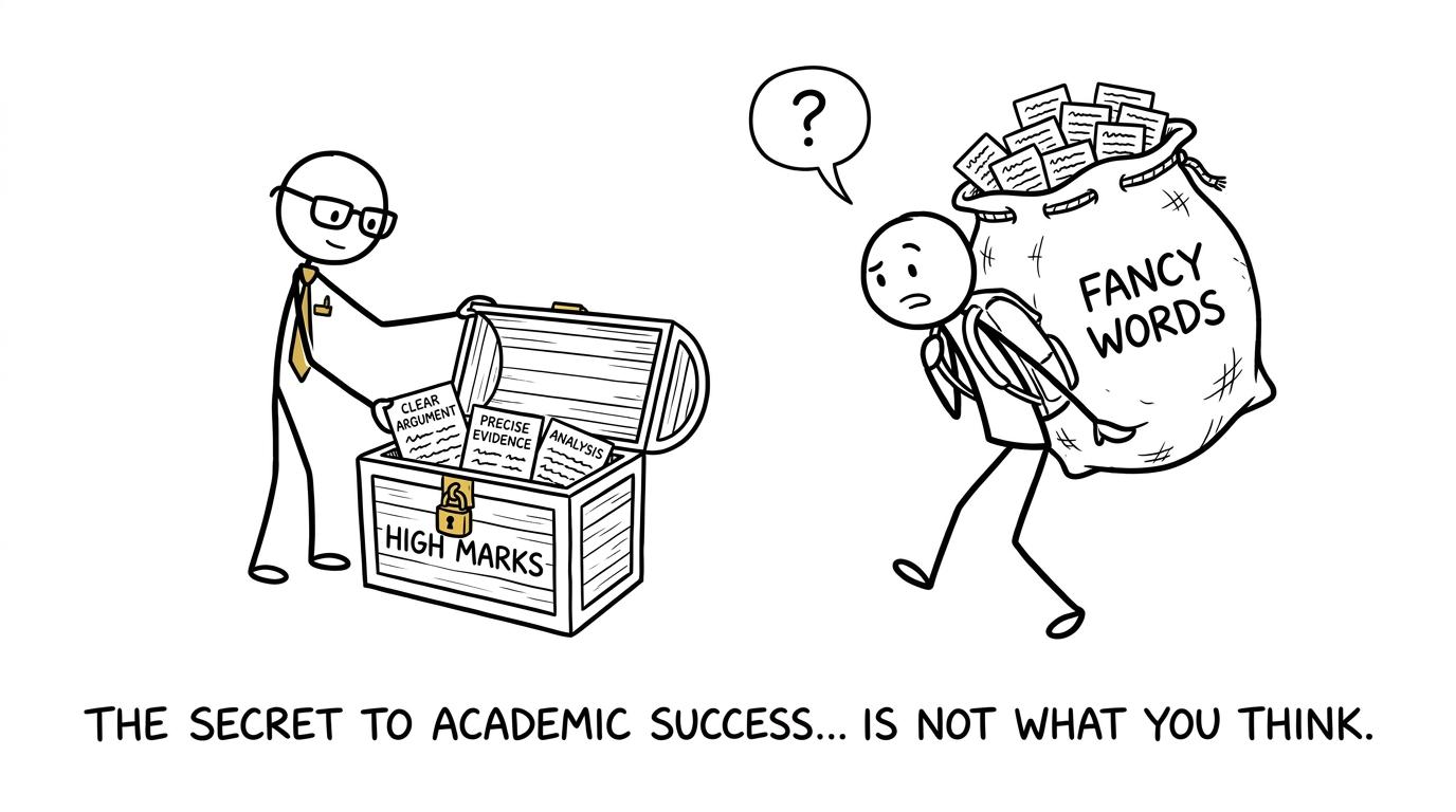 An examiner finds clear argument and analysis while a student arrives with a sack of fancy words