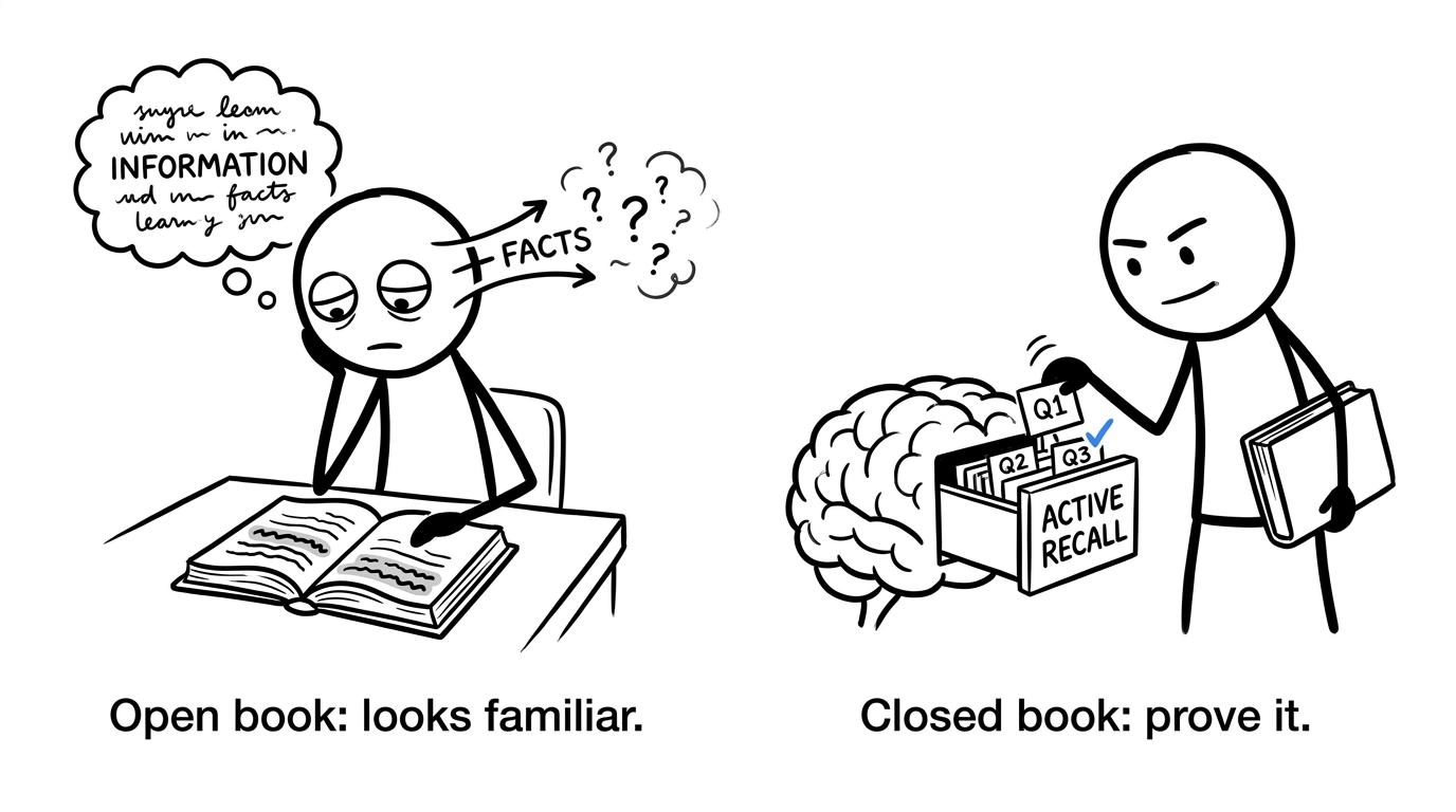 A student compares comfortable rereading with closed-book recall