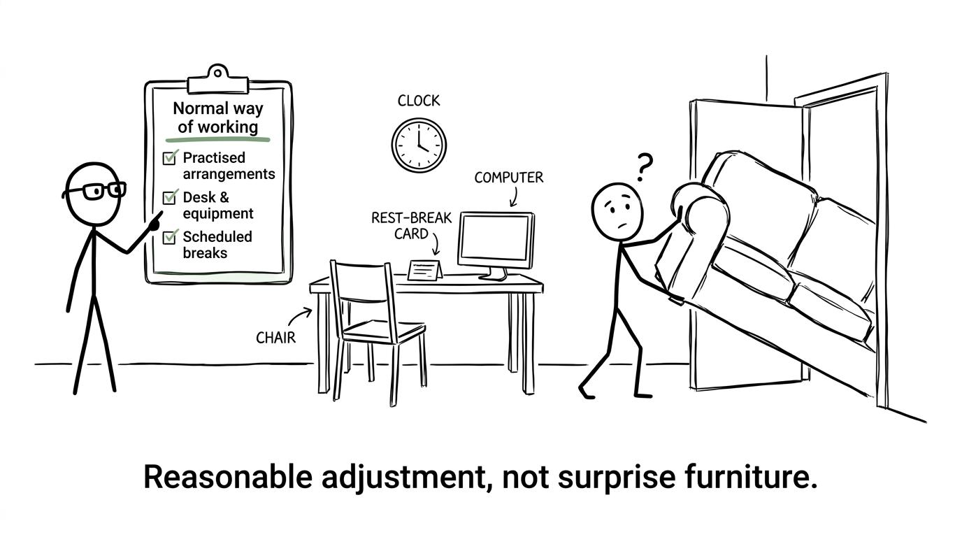 An invigilator checks normal exam arrangements while a student tries to bring in a sofa