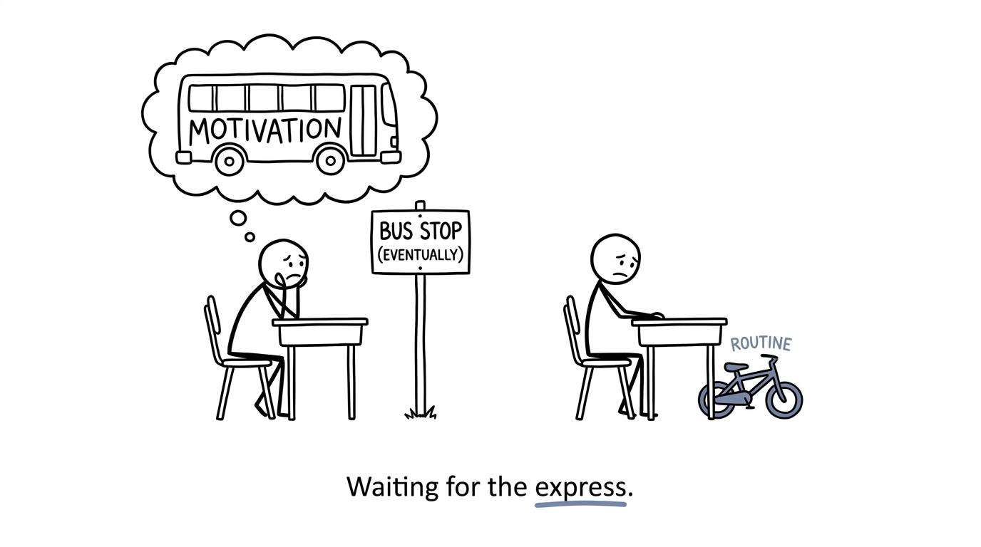 A student waits for motivation while routine is ready to go