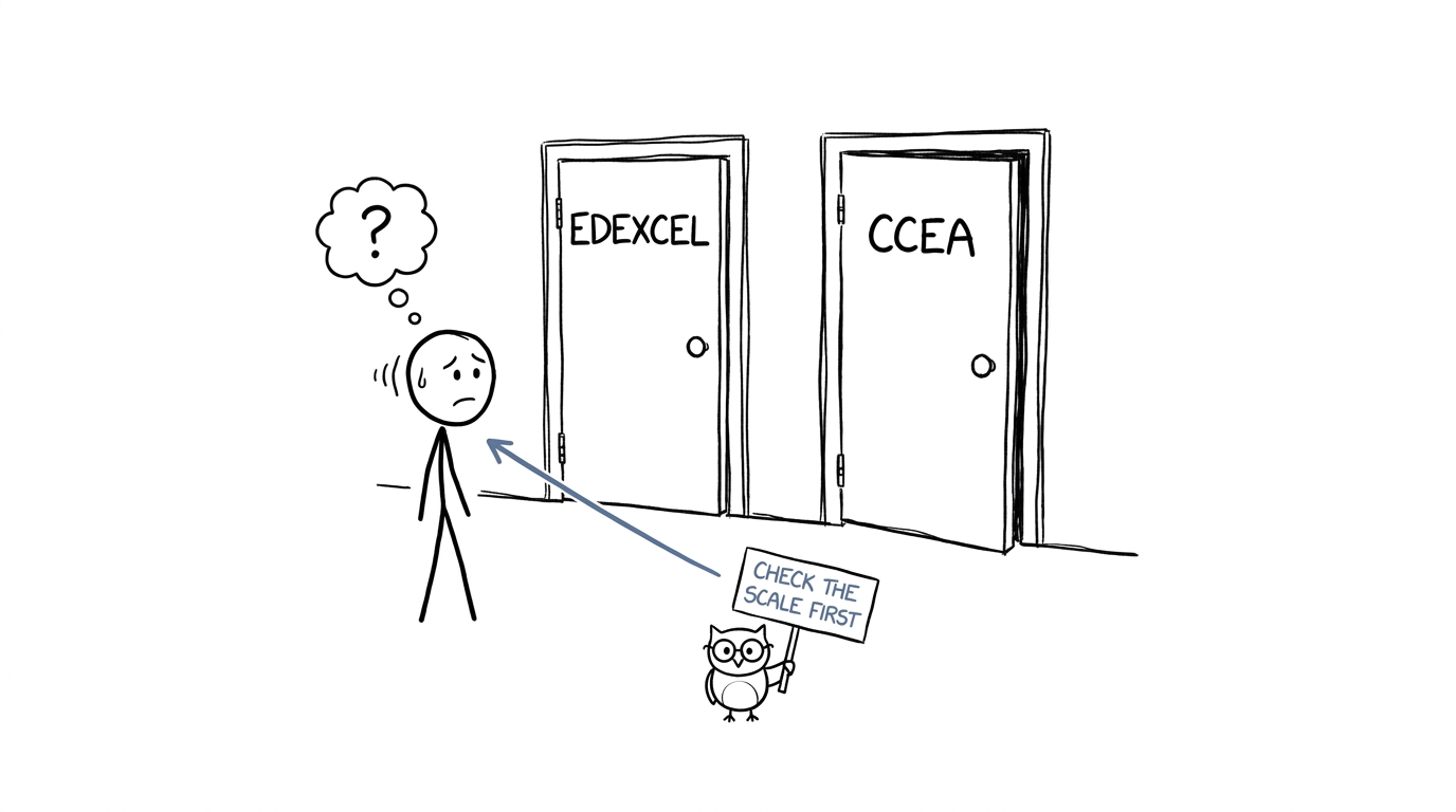 A student choosing between Edexcel and CCEA results-day doors while an owl advises checking the scale