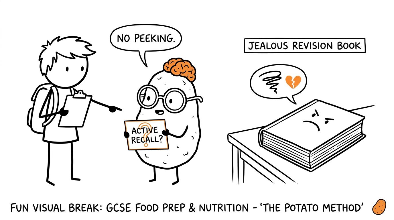 A potato invigilator insisting that a student retrieves knowledge without peeking