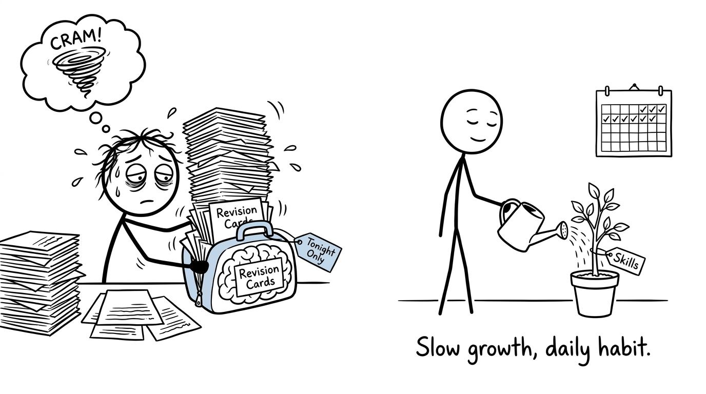 A student cramming notes into a tiny suitcase while another grows a tree of durable skills