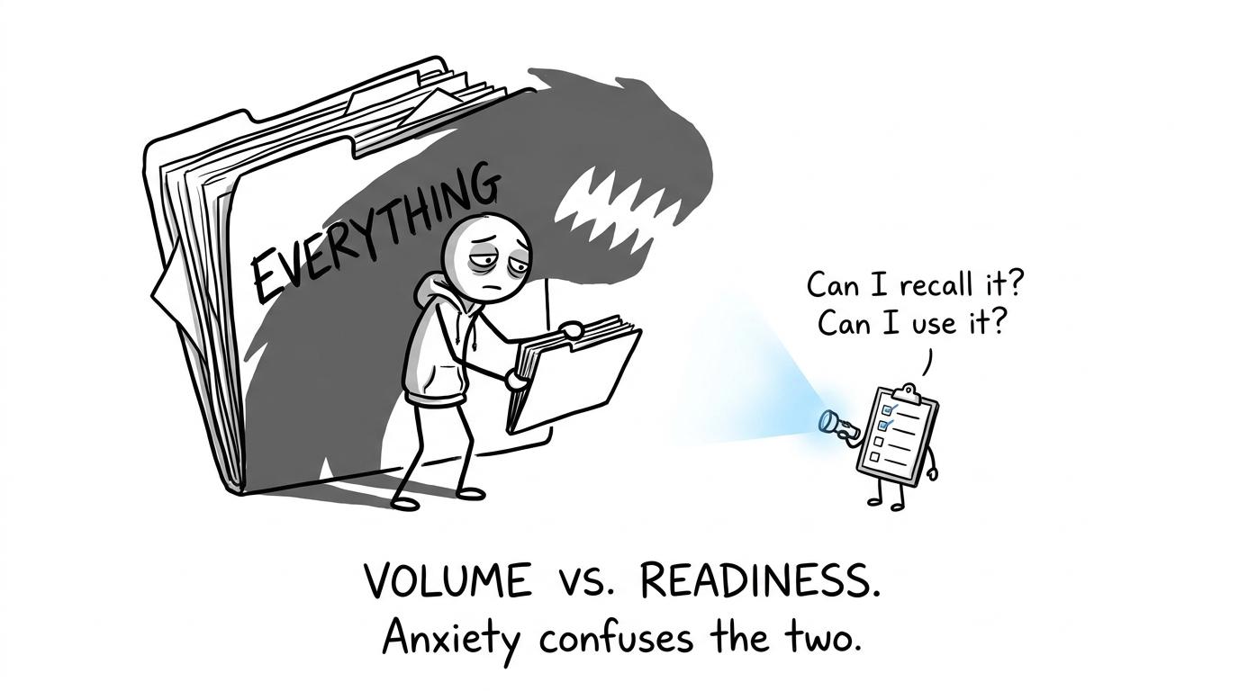 A student discovers that a small readiness checklist is more useful than an enormous revision folder