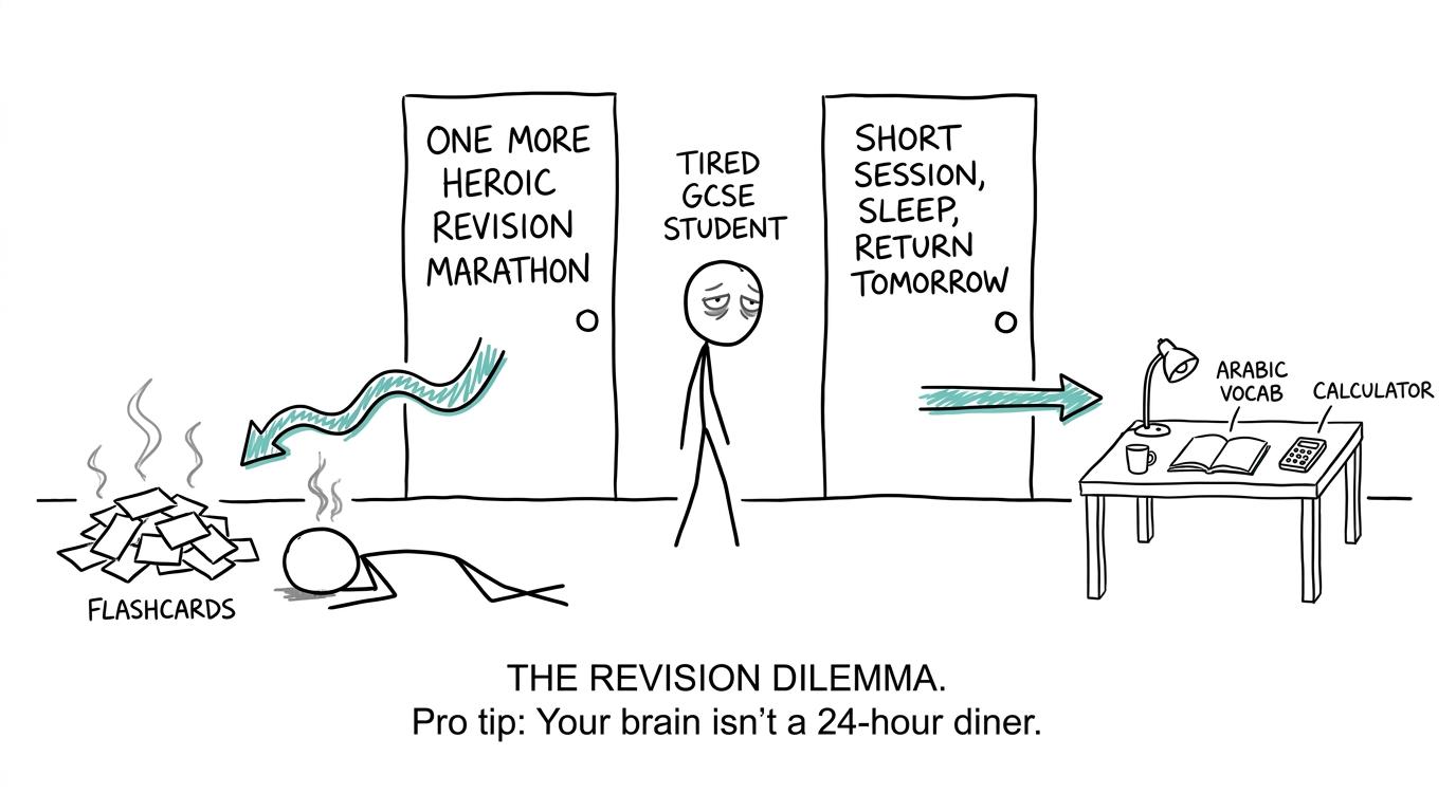 A student choosing between a revision marathon and a short session followed by sleep