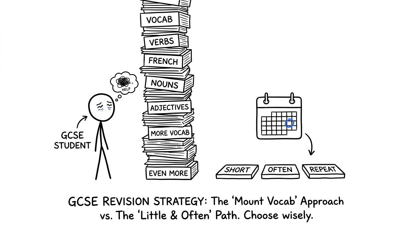 A student choosing short repeated French revision sessions instead of climbing a giant flashcard tower
