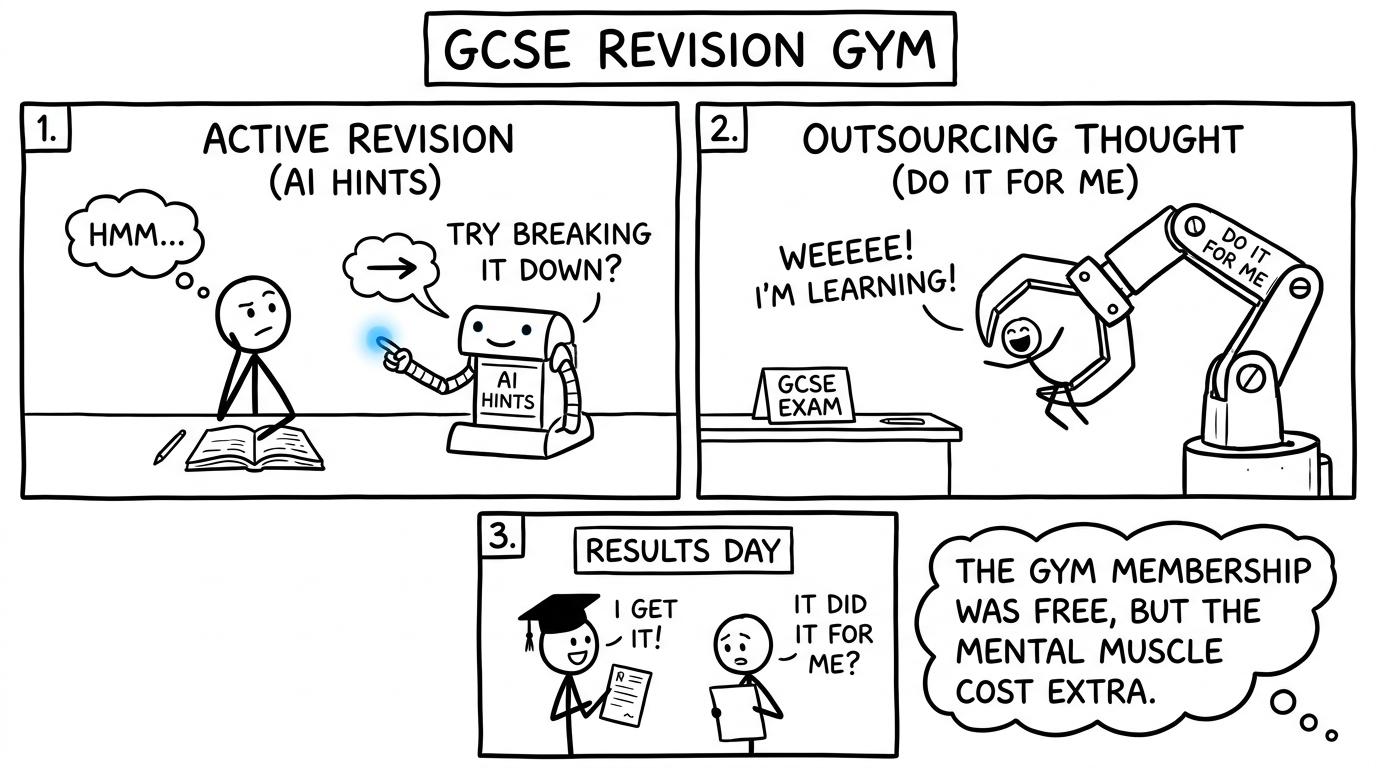 A revision gym contrasts helpful AI hints with letting a machine do all the thinking