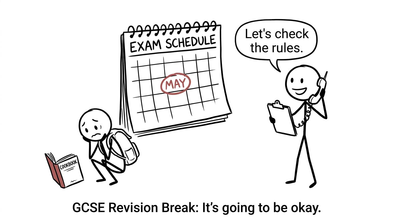 A student hiding from a calendar while an exams officer checks the rules
