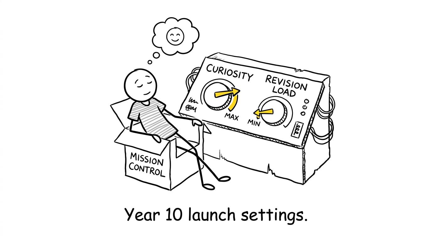 A calm student adjusts curiosity and revision load at Year 10 mission control