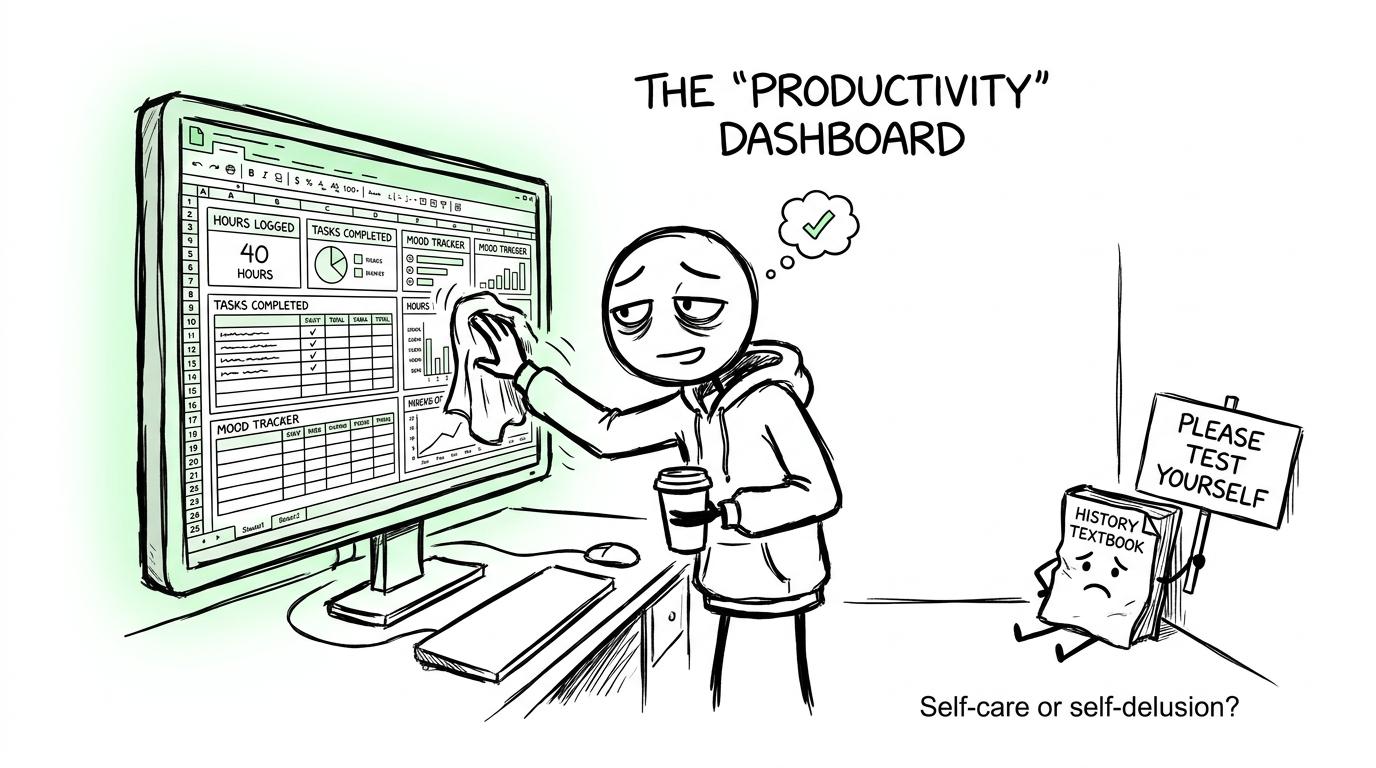 A student polishes a revision spreadsheet while a neglected textbook asks to be tested