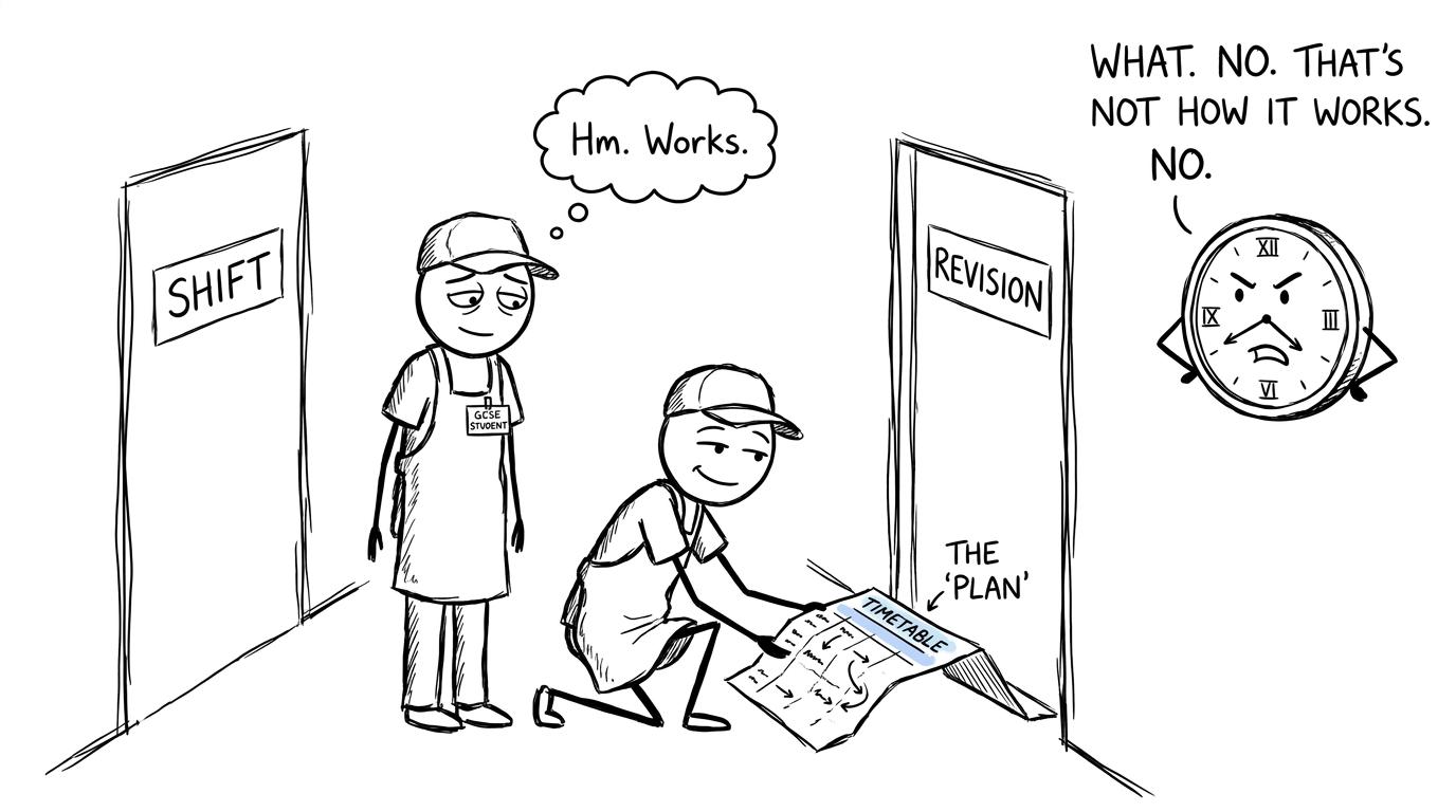 A GCSE student uses a small timetable as a bridge between work and revision