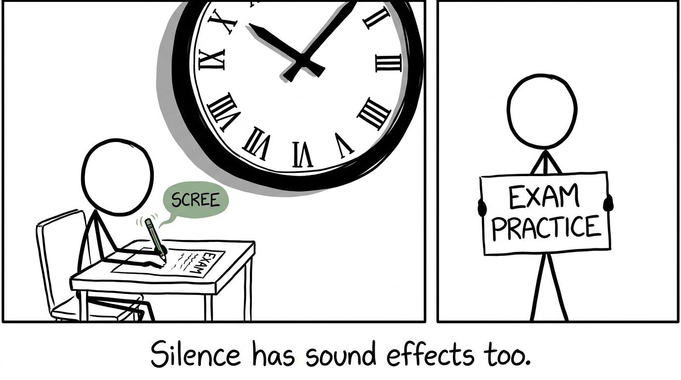 A student discovering that even exam-room silence contains dramatic pencil noises