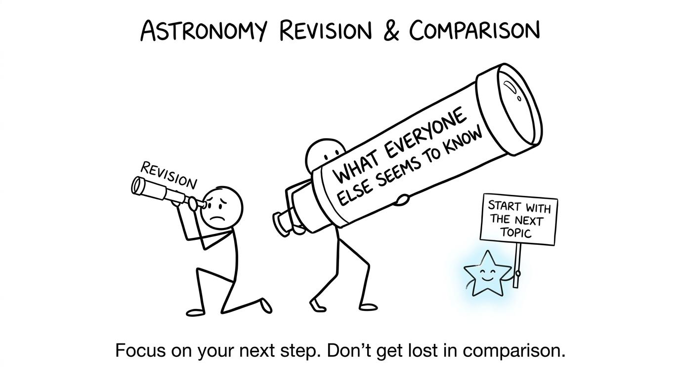 A student compares revision telescopes while a friendly star recommends starting with the next topic